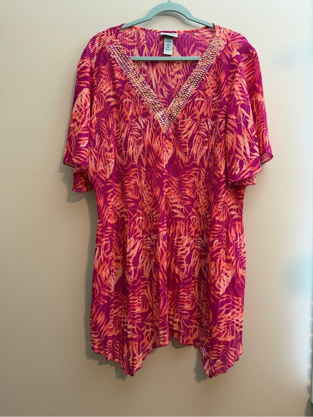 Catherines Coral and Pink Beaded V-Neck Tunic